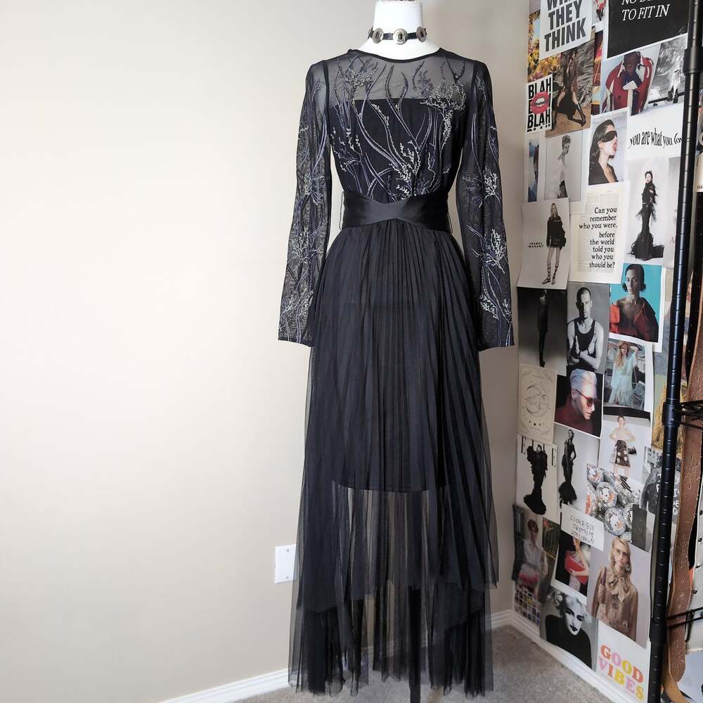 Embroidered Tulle Pleated Maxi Dress Designer
